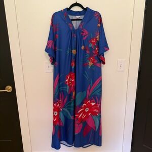 Granada Vintage Blue Tropical Floral Caftan Robe Zip Front Maxi Lounger Gown